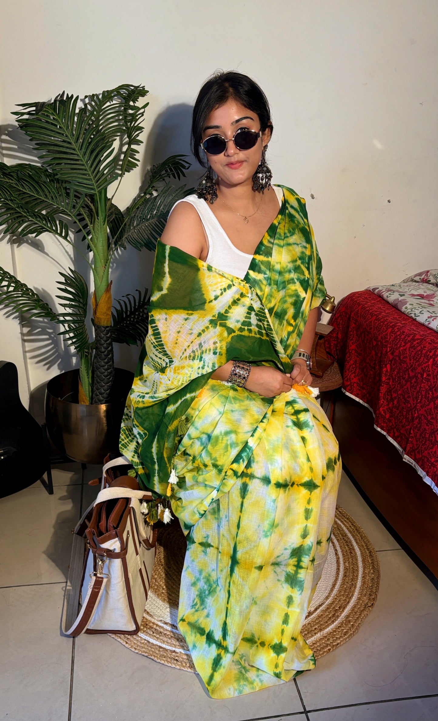 Handloom Mul cotton hand Shibhori Saree - Green yellow