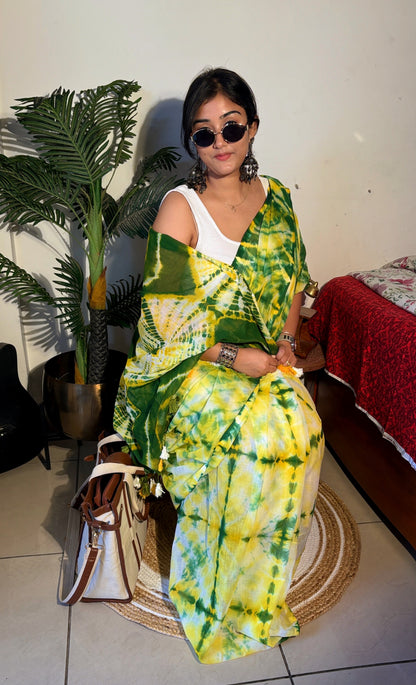 Handloom Mul cotton hand Shibhori Saree - Green yellow