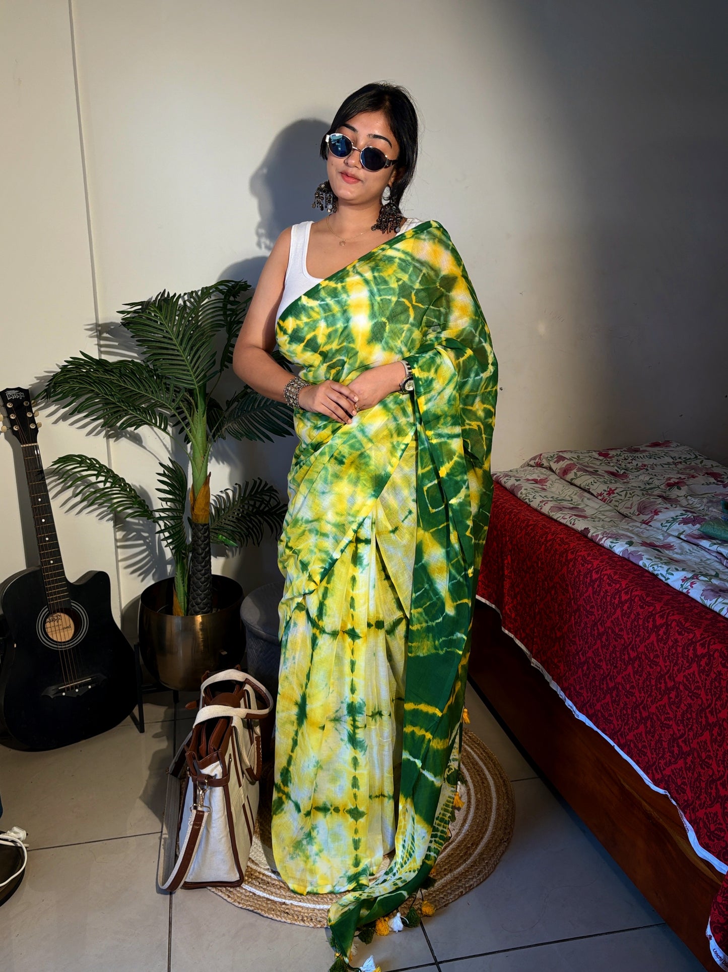 Handloom Mul cotton hand Shibhori Saree - Green yellow