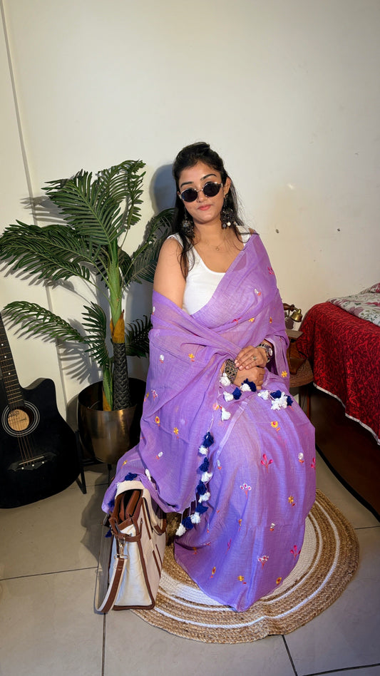 Handloom Mul flower hand embroidered Saree- lavender