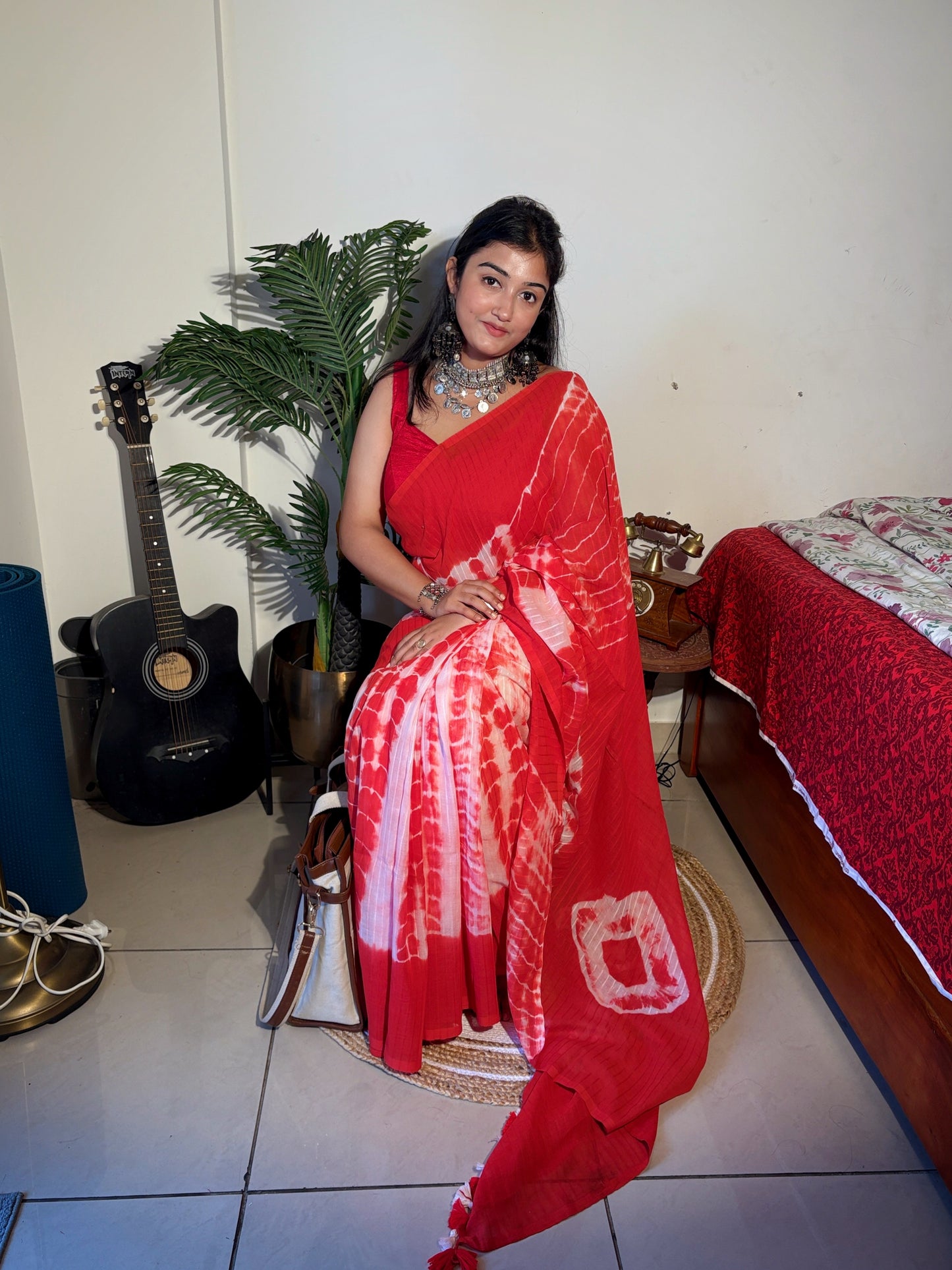 Handloom Mul cotton hand Bandhej Saree-Red