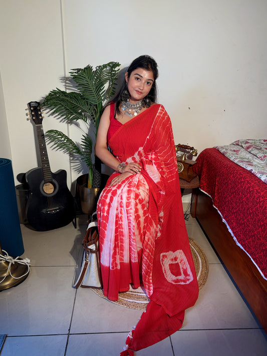 Handloom Mul cotton hand Bandhej Saree-Red