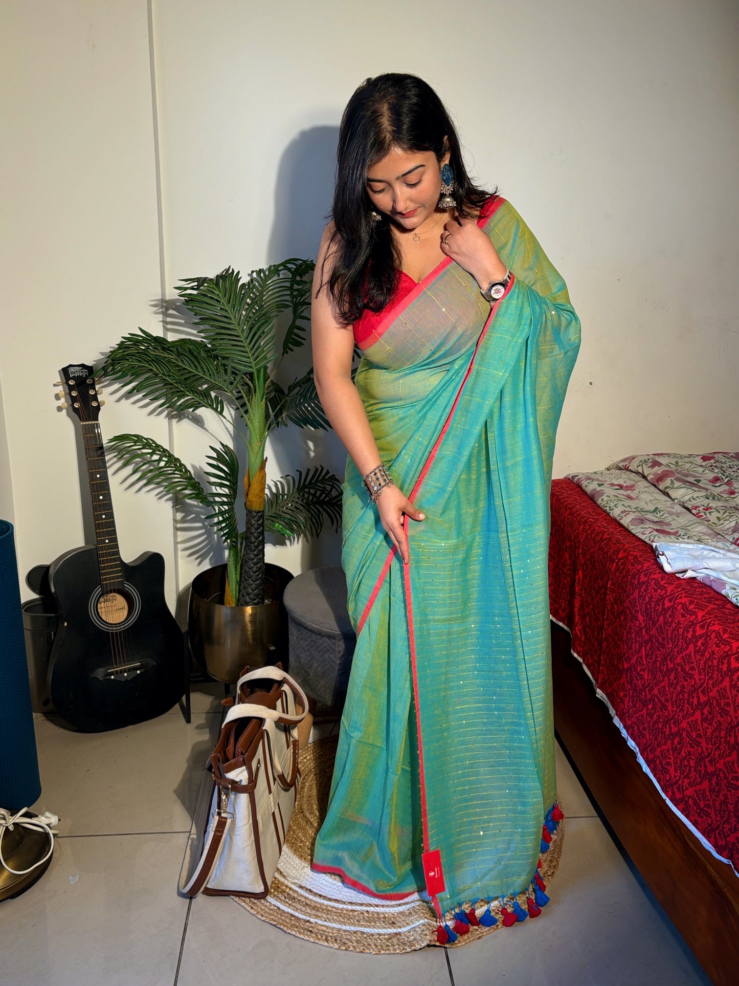 Handloom mul cotton sequence embroidered Saree- Green shaded