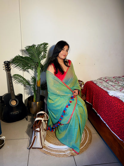Handloom mul cotton sequence embroidered Saree- Green shaded