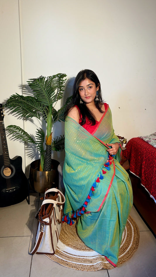 Handloom mul cotton sequence embroidered Saree- Green shaded