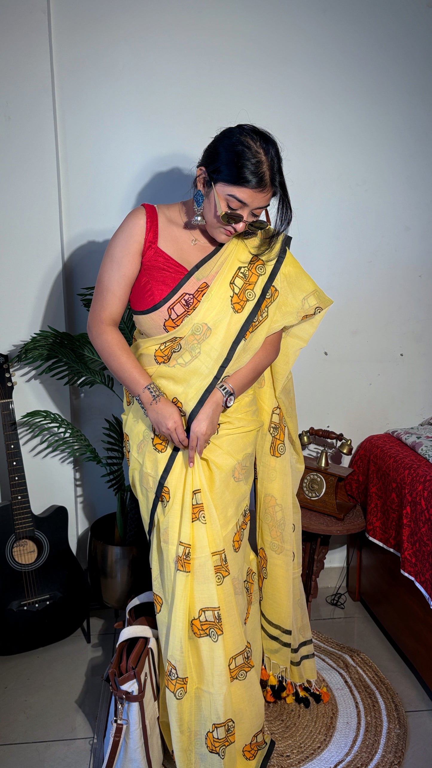 Handloom Mul cotton taxi hand block Saree- yellow