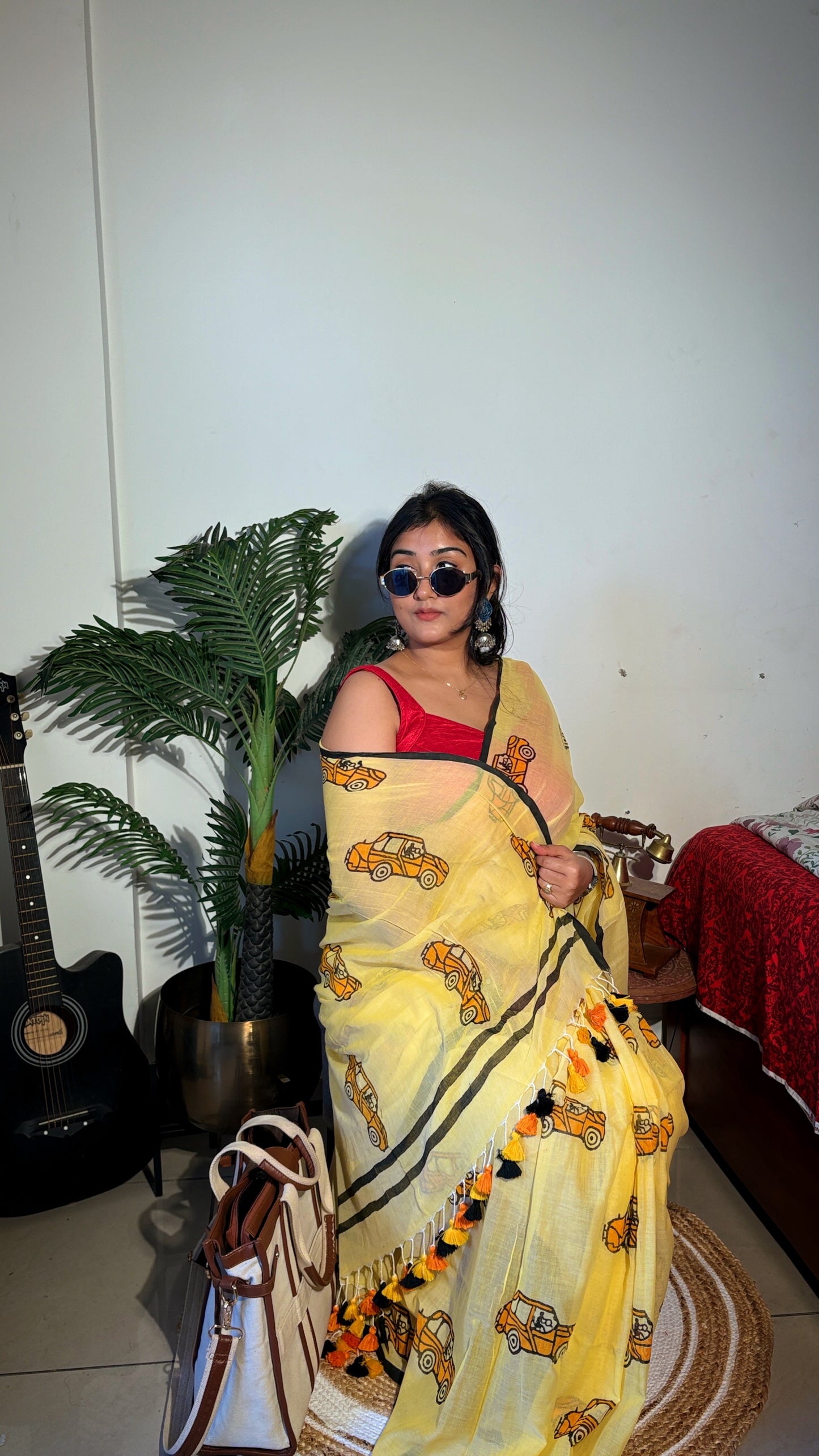 Handloom Mul cotton taxi hand block Saree- yellow