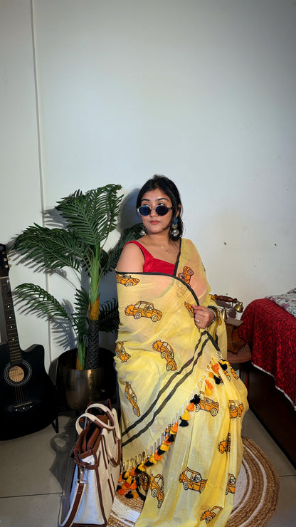 Handloom Mul cotton taxi hand block Saree- yellow