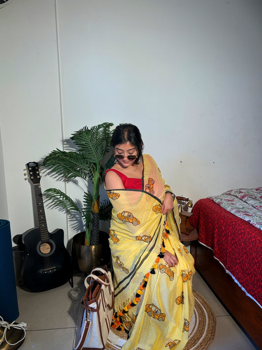 Handloom Mul cotton taxi hand block Saree- yellow