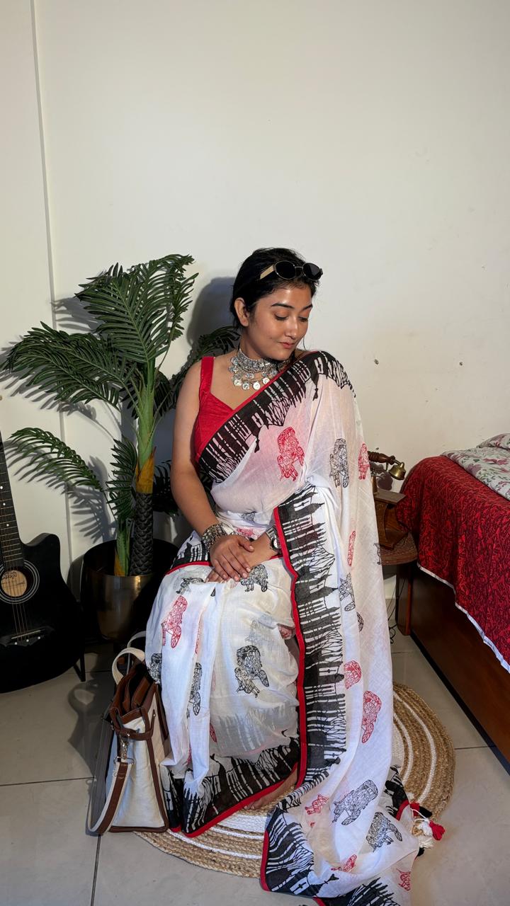 Handloom Mul cotton Howrah Bridge hand block Saree- White