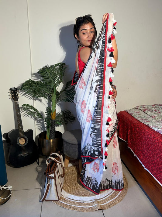 Handloom Mul cotton Howrah Bridge hand block Saree- White