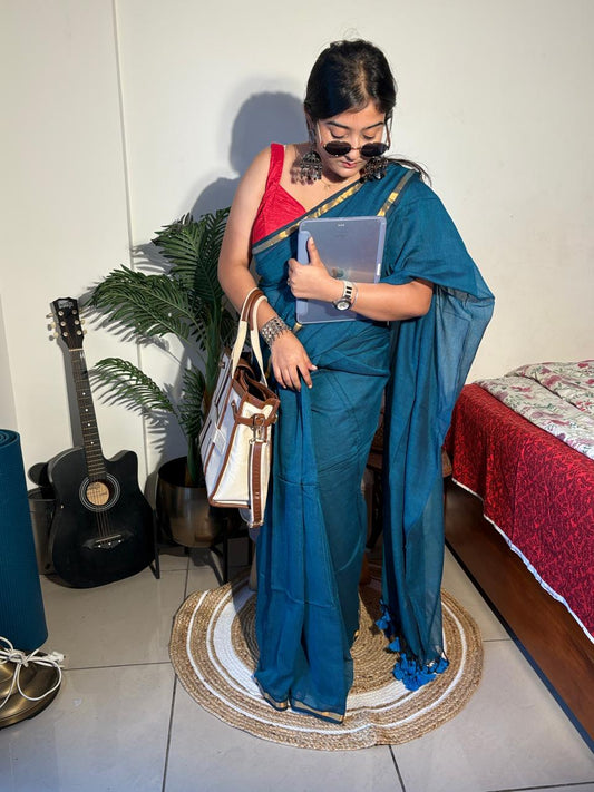 Handloom Mul Cotton Zari border Saree- Navy blue
