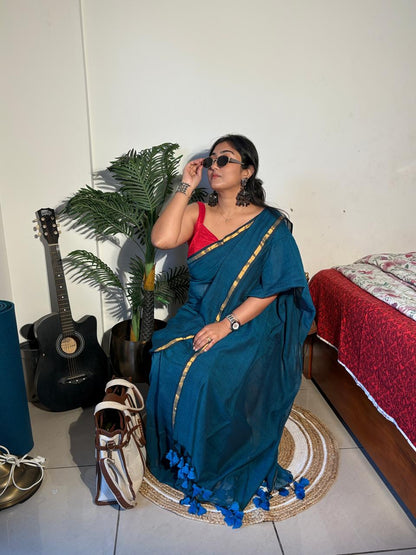 Handloom Mul Cotton Zari border Saree- Navy blue