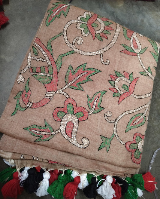 Handloom Mul Cotton Hand Kantha Stitch Saree- Peach
