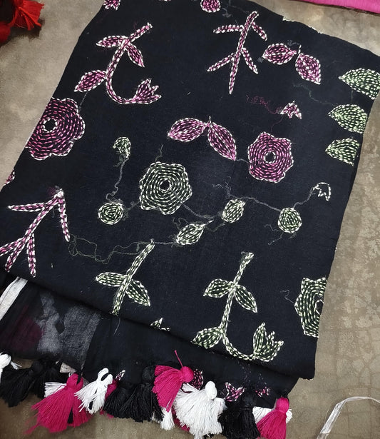 Handloom Mul cotton hand Kantha Stitch Saree- Black