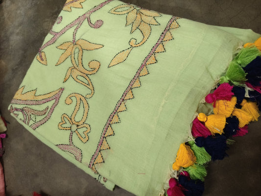 Handloom Mul cotton Hand Kantha Stitch Saree- Soft green