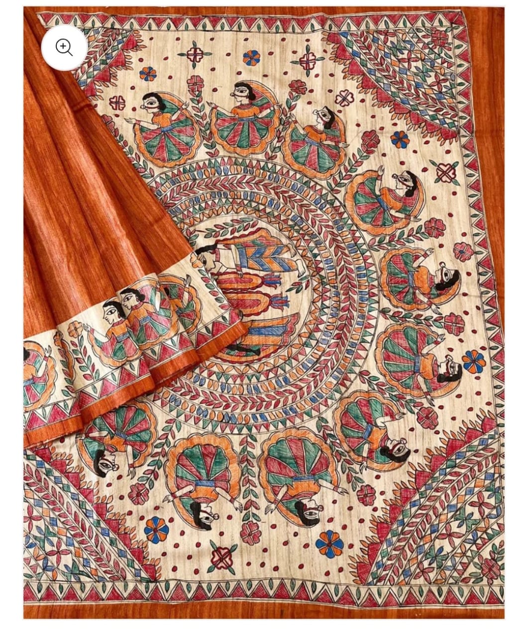 Handpainted Madhubani on pure Tussar Ghiccha Saree- Orange doll