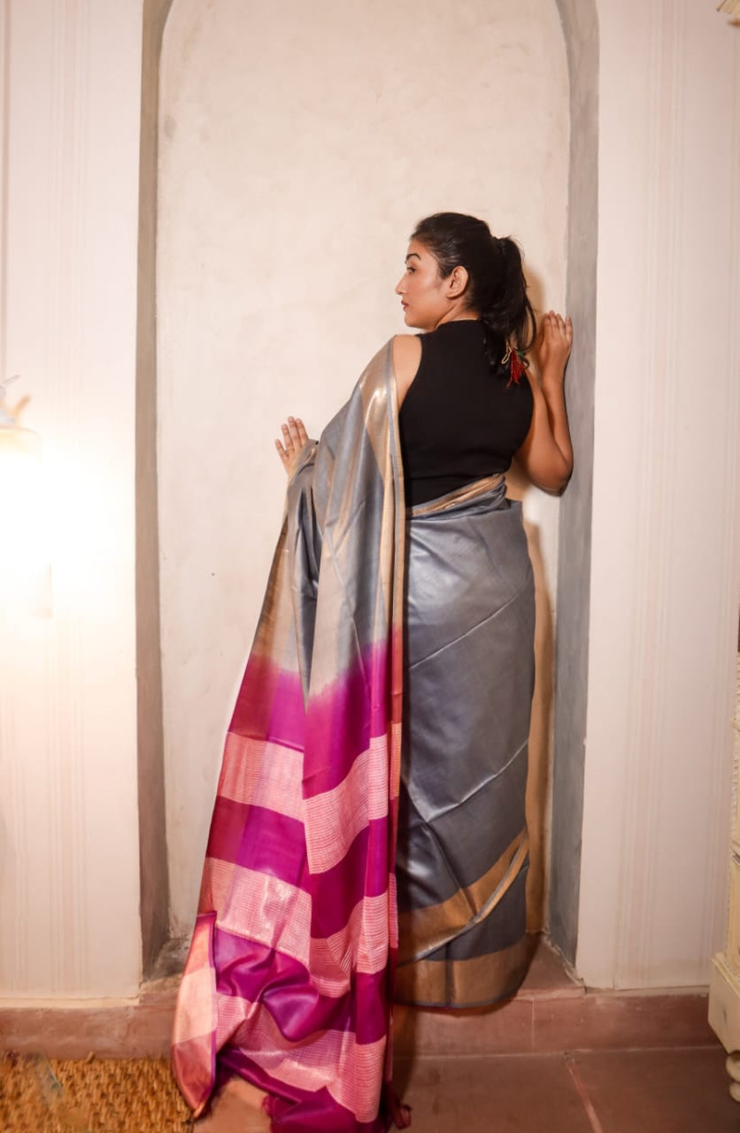 Pure Tussar Silk Saree- Grey Purple