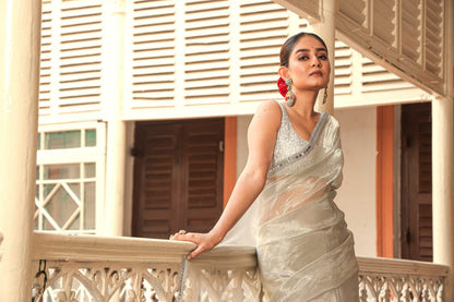 Pure Silk organza tissue with sleek border- Silver