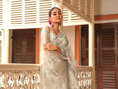 Pure Silk organza tissue with sleek border- Silver