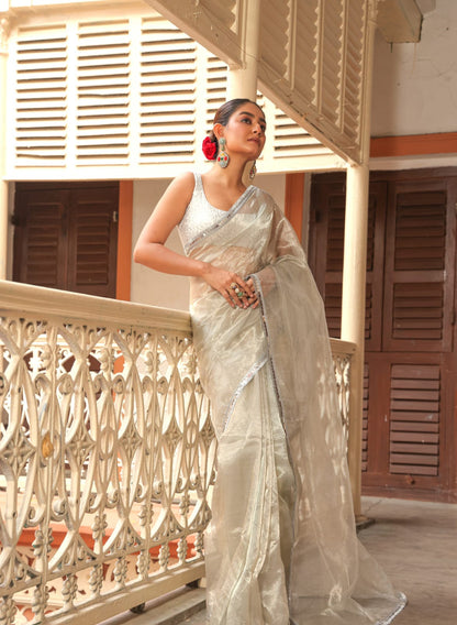 Pure Silk organza tissue with sleek border- Silver