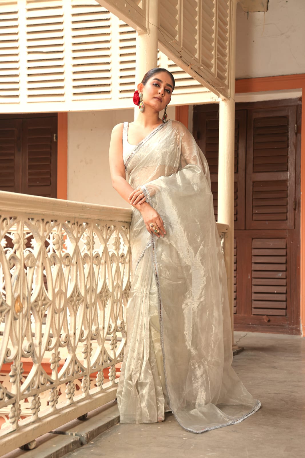 Pure Silk organza tissue with sleek border- Silver
