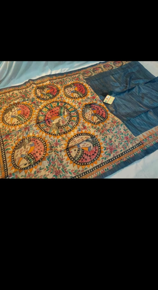 Handpainted Madhubani on Pure Tussar Ghicha Silk Saree - Blue