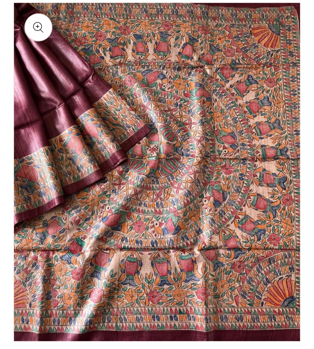 Handpainted Madhubani on Pure Tussar Ghicha Silk Saree - Magenta