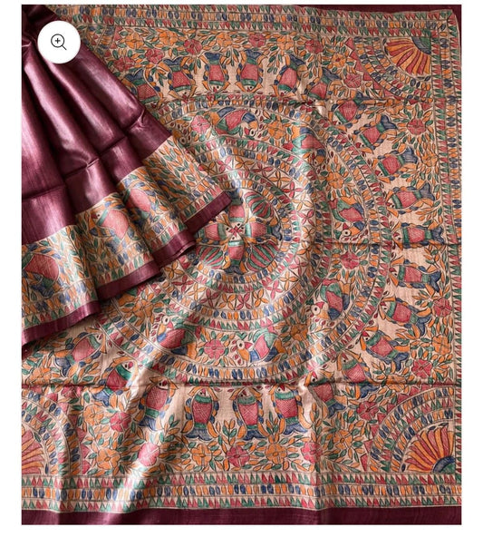 Handpainted Madhubani on Pure Tussar Ghicha Silk Saree - Magenta