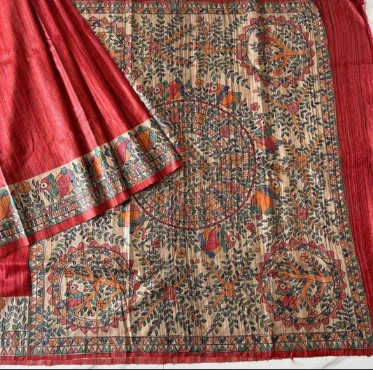 Handpainted Madhubani on Pure Tussar Ghicha Silk Saree - Red