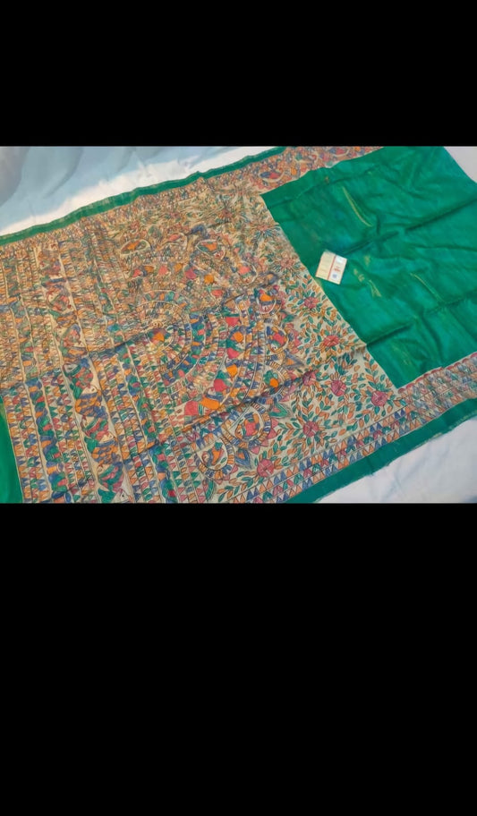 Handpainted Madhubani on Pure Tussar Ghicha Silk Saree - Green