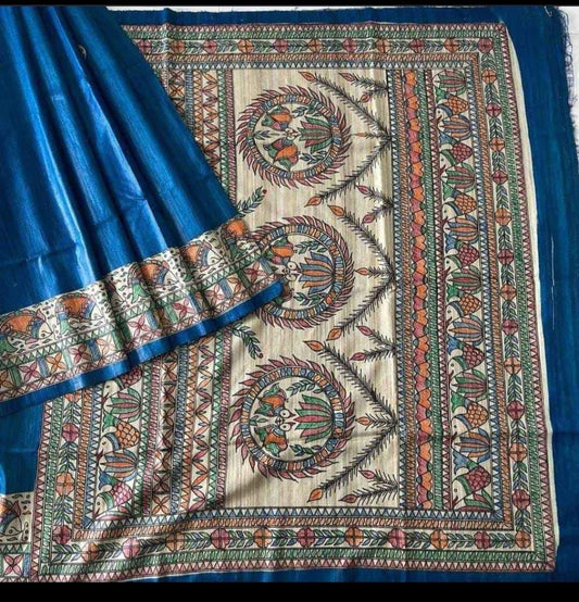 Handpainted Madhubani on Pure Tussar Ghicha Silk Saree - Royal blue