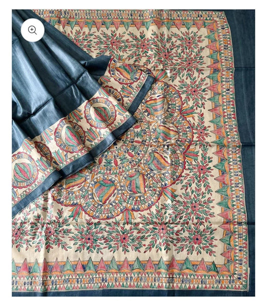 Handpainted Madhubani on Pure Tussar Ghicha Silk Saree - Blue