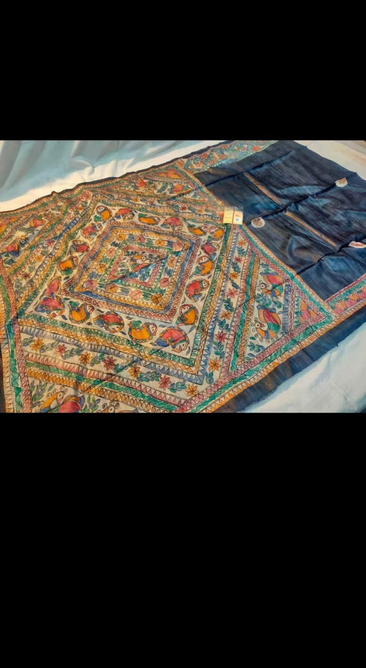 Handpainted Madhubani on Pure Tussar Ghicha Silk Saree - Blue