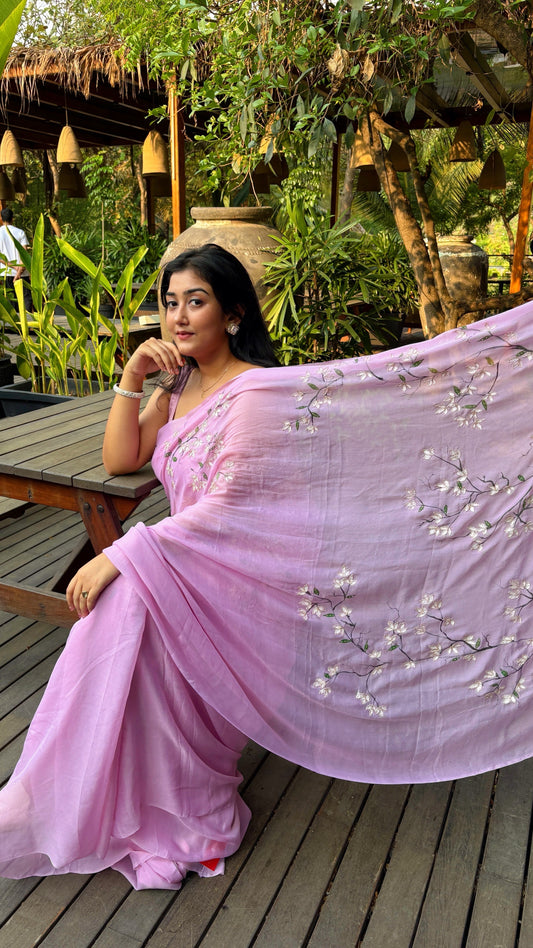 Pure chiffon handdpainted and highlighted- lavender floral