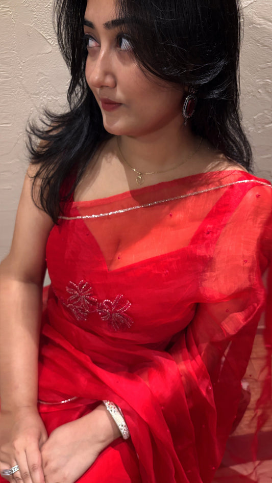 Rose handwork pure organza silk- Red
