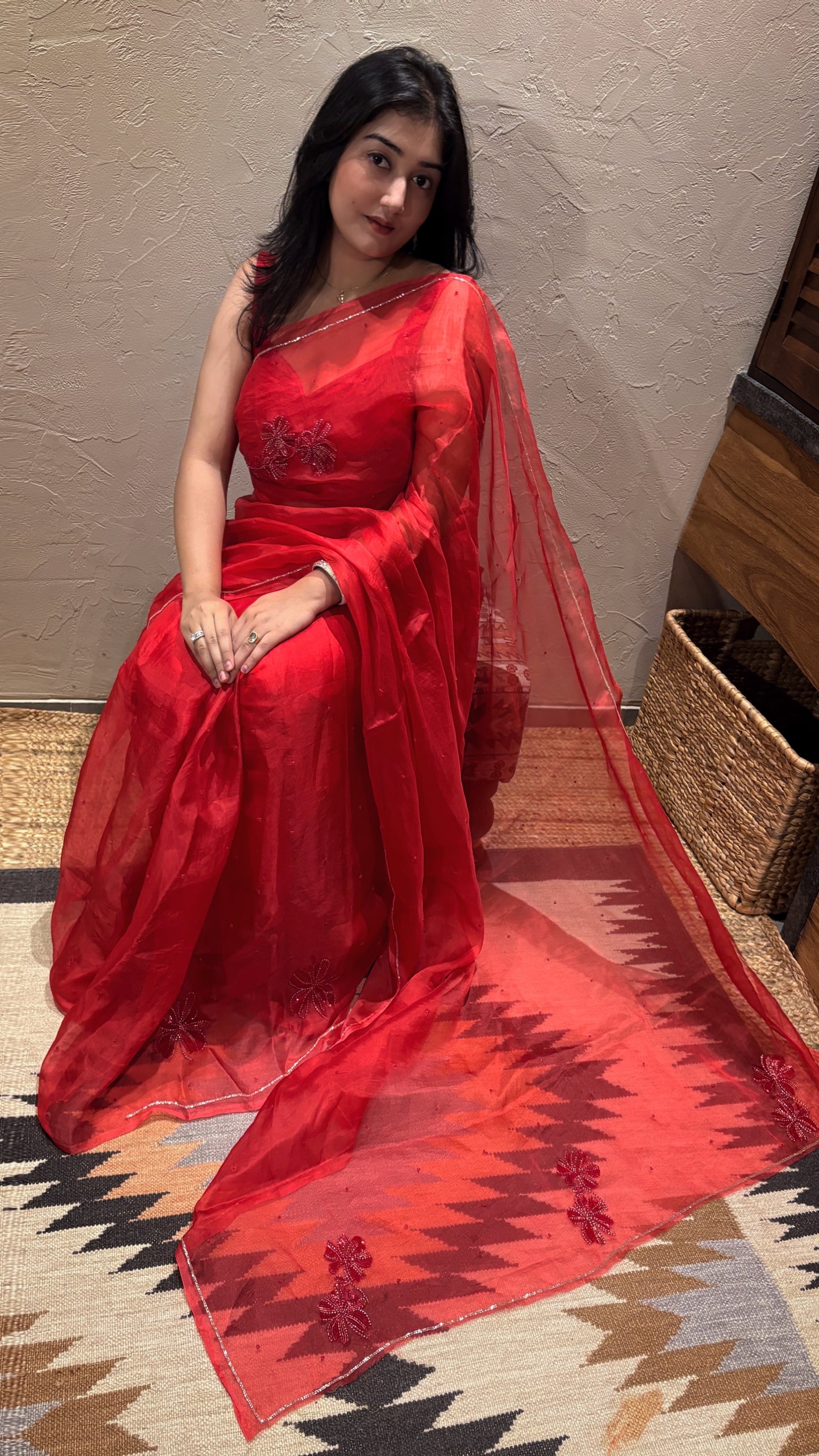 Rose handwork pure organza silk- Red