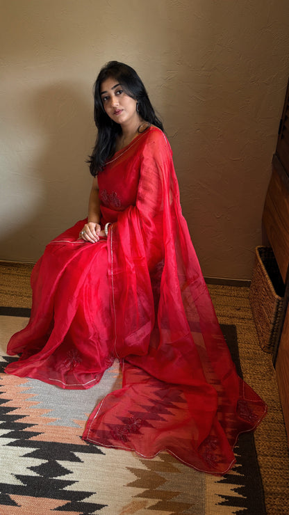 Rose handwork pure organza silk- Red