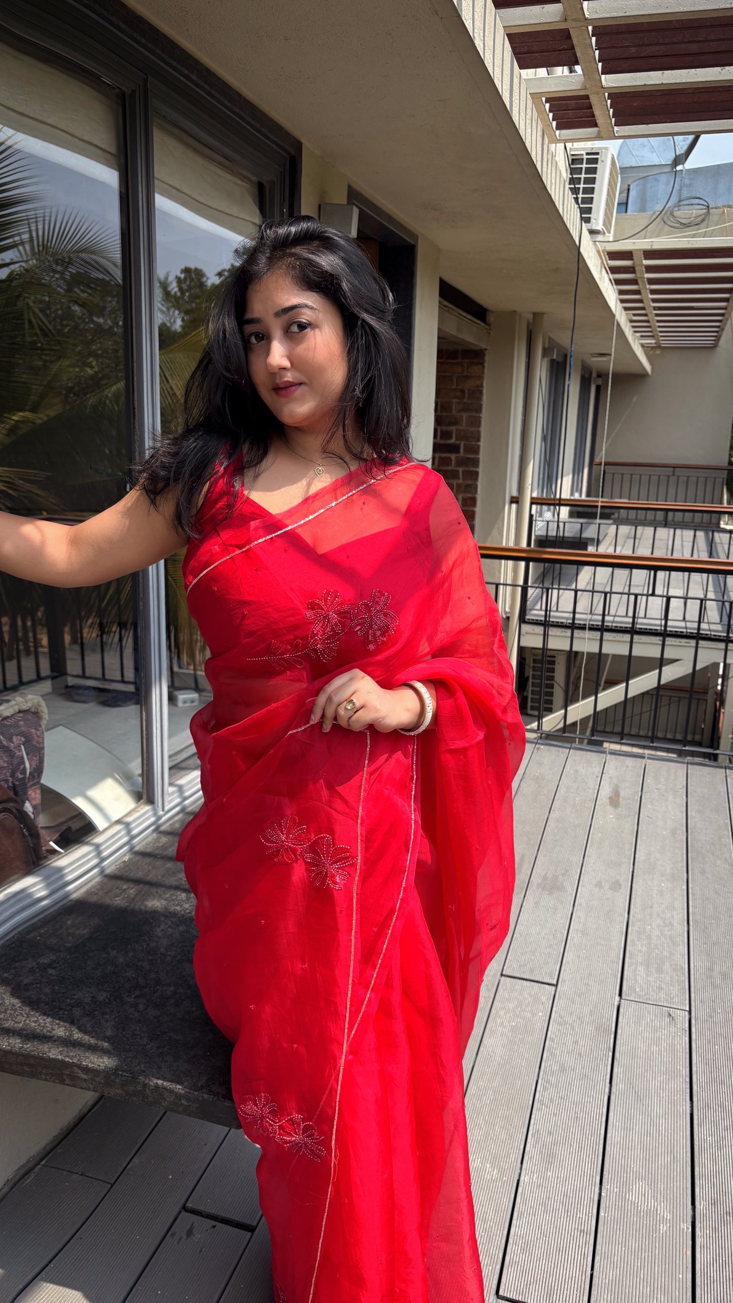 Rose handwork pure organza silk- Red