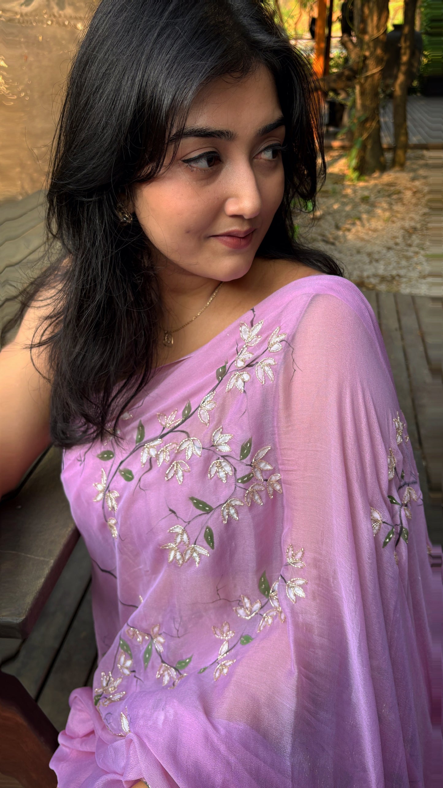 Pure chiffon handdpainted and highlighted- lavender floral