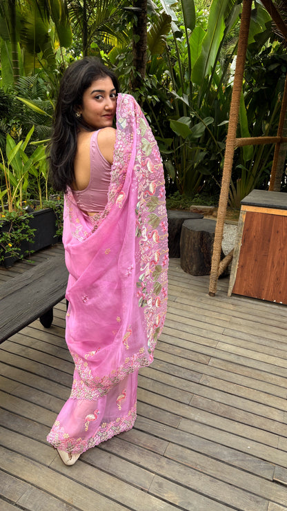 Pure Organza silk Embroidered with highlight- Baby Pink swan