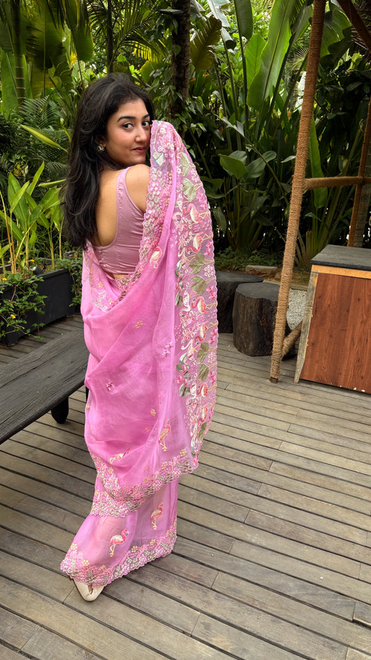 Pure Organza silk Embroidered with highlight- Baby Pink swan