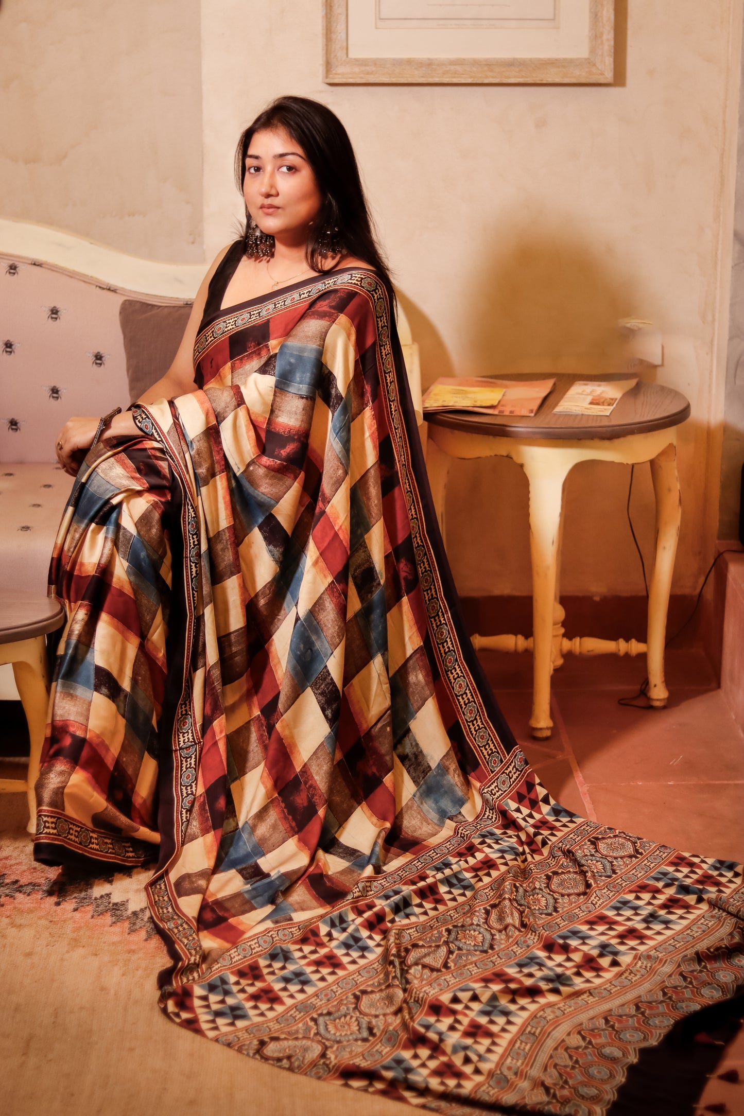Ajrak Print Modal Silk Sarees- Geometry