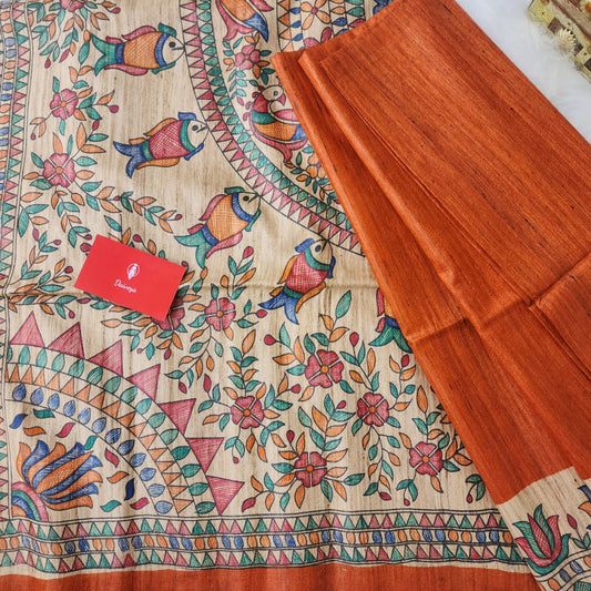 Madhubani handpainted pure Tussar Ghicha Silk- Orange (Custom color available)
