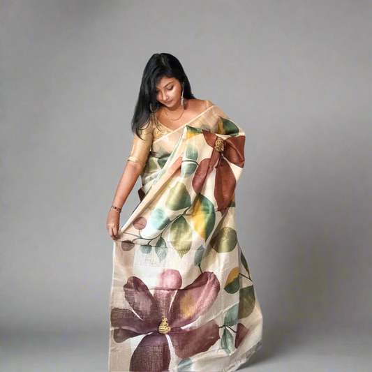 Pure Gachi Tussar Silk Saree- Floral Handpaint