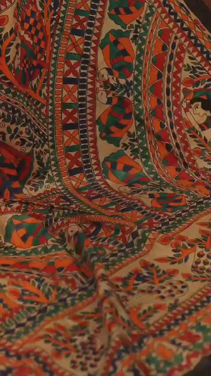 Madhubani Handpainted on Pure Tussar desi Silk - Black (Custom color available)