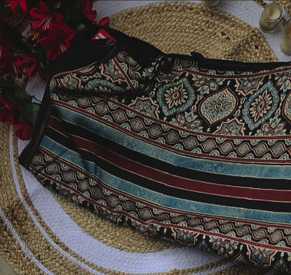 Ajrakh print Modal silk Sarees- Black with white with border