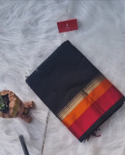 Maheshwari Silk Saree- Black and orange