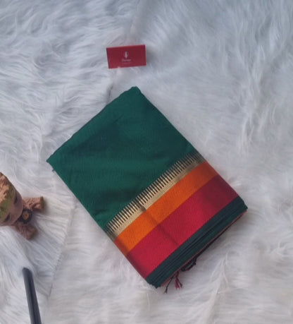 Maheshwari Silk Saree- Bottle Green and Orange