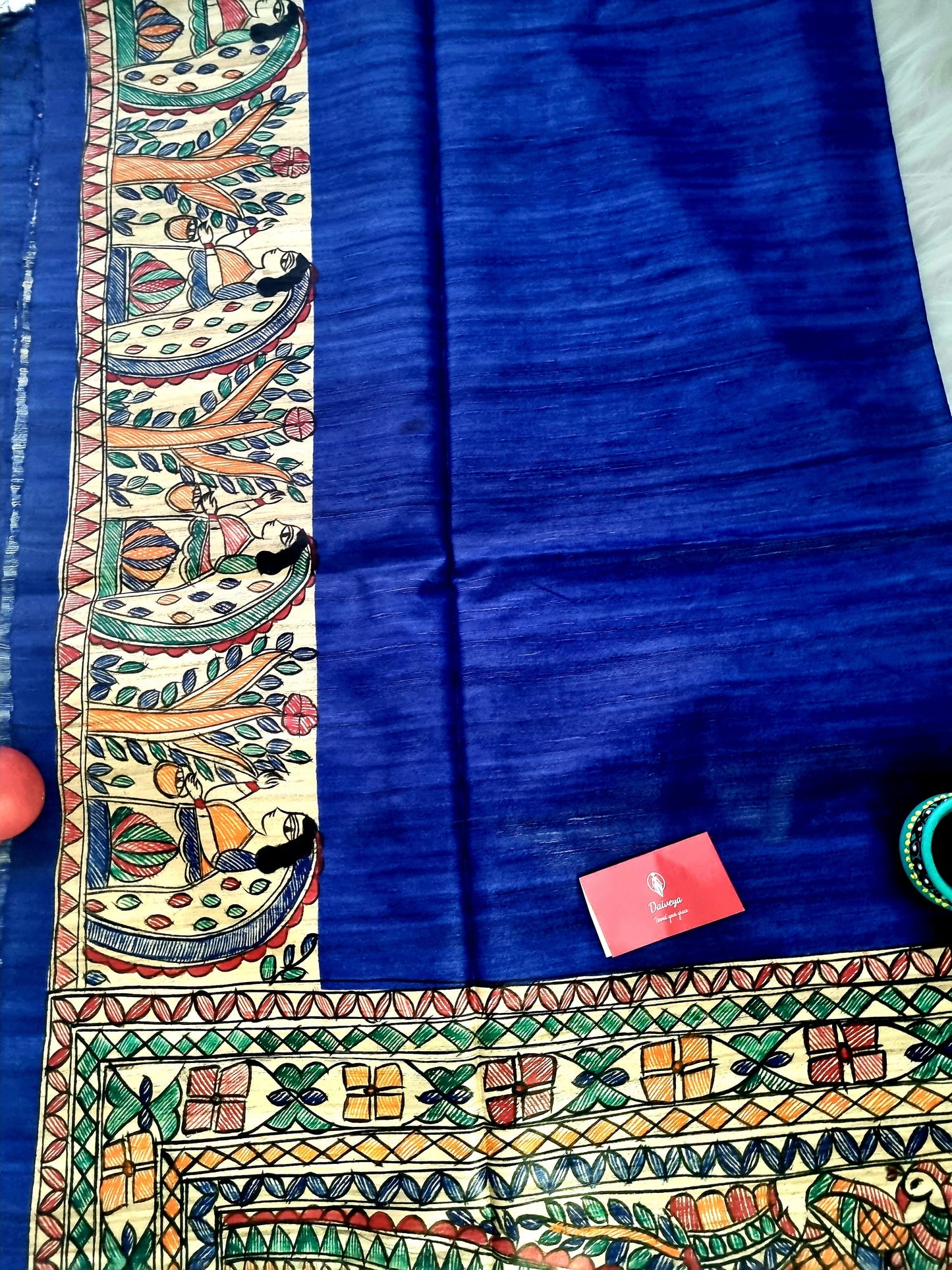 Madhubani Handpainted on pure Tussar Ghicha Silk- Royal blue (Custom color available)